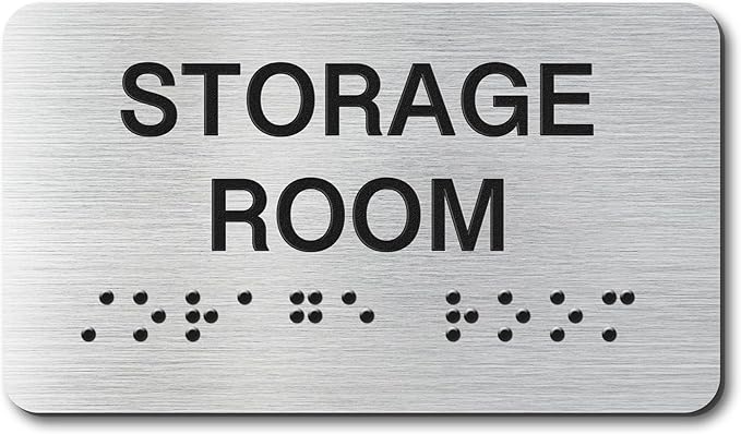 Storage Room Signs with Raised Text & Grade 2 Braille, Brushed Aluminum/Silver Finish Easy Install with Double-Sided Tape, ADA Compliant Storage Room Door Sign for Businesses & Offices
