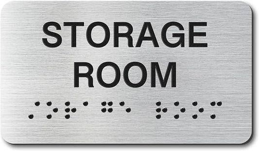 Storage Room Signs with Raised Text & Grade 2 Braille, Brushed Aluminum/Silver Finish Easy Install with Double-Sided Tape, ADA Compliant Storage Room Door Sign for Businesses & Offices
