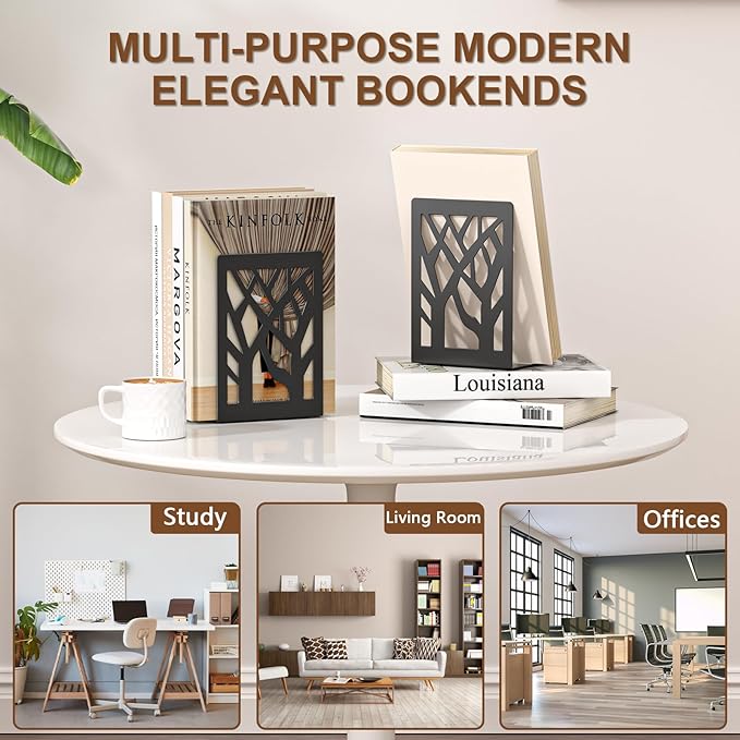 VFINE 2-Piece Modern Metal Bookends for Shelves, Black Tree Book Ends for Books, Decorative Book Organizer for Desk, Non-Skid Shelve Bookends for Home Office