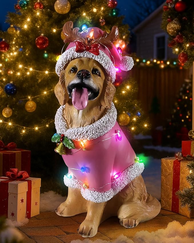 Christmas Outdoor Decoration Dog Statue, LED Light Cute Golden Retriever Dog Sculpture with Pink Santa Outfit & Lights for Garden and Yard, Indoor Holiday Décor Gift for mom and dad