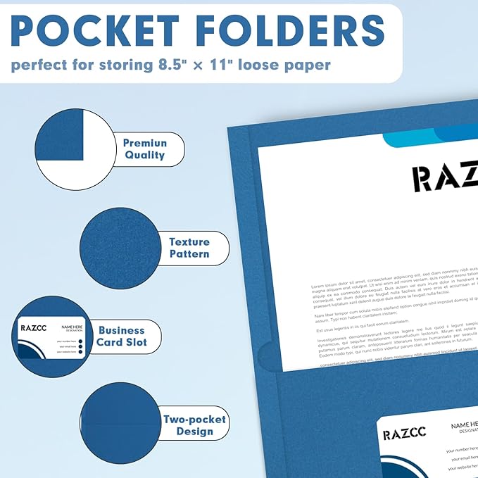 Two Pocket Folders, RAZCC 50 Pack 2 Pocket Folders Fit Letter Size Paper, Paper Folders with Pockets for School Office Business Home, Navy Blue
