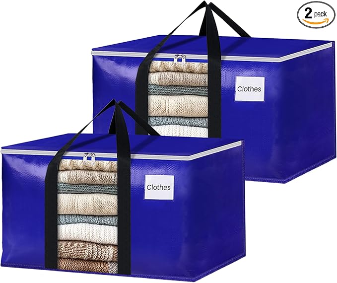 BlissTotes 2 Pack Moving Bags with Clear Window, Storage Bags with Strong Carrying Handles & Zippers,Large Packing Bags for Saving Space, Alternative to Moving Boxes(Blue,33 Gallon)