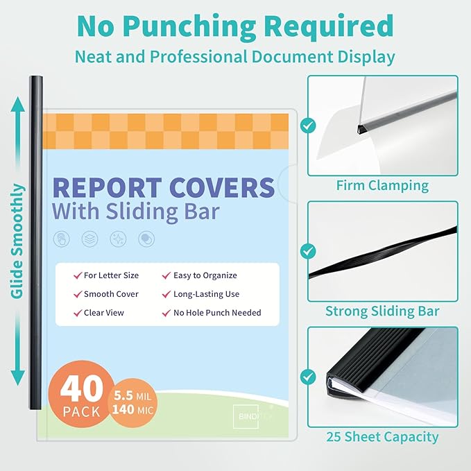 Binditek 40 Pack Clear Report Covers with Sliding Bars, 25 Sheet Capacity, 5mm Binding Bars, Letter Size, 5.5 Mil Thick, Black, for Students and Coworkers