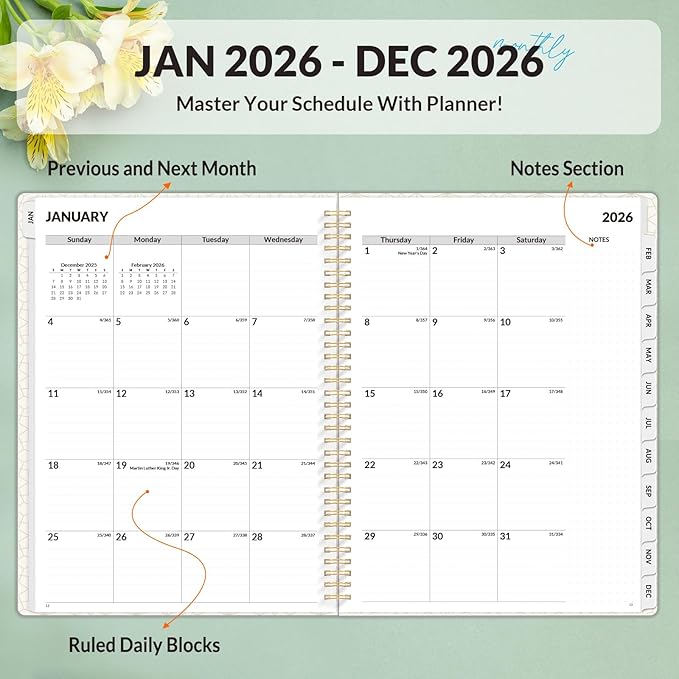 SUNEE Planner 2026 Weekly and Monthly, January 2026-December 2026, 8.5"x11", Tabs, Note Pages,Spiral Binding, Flora