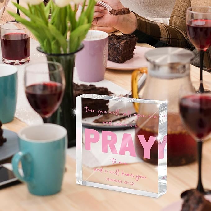 Pink Inspirational Decor- Bible Verse Art Christian Gifts for Women- Pink Acrylic Dorm Room Decor for Women - Pray to me- Office Desk Accessories Decor Sign 4x 4 Inches