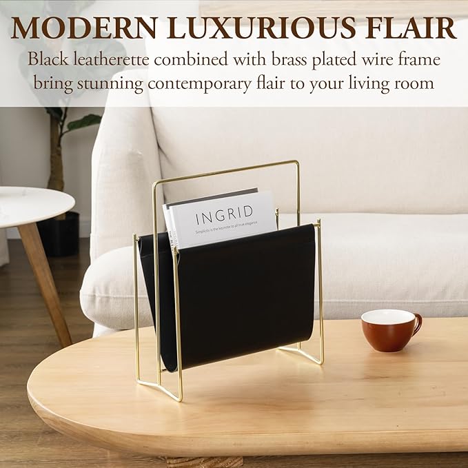 MyGift 13 Inch Modern Black Leatherette Magazine Holder Floor Standing Sling Style Rack with Gold Tone Metal Frame