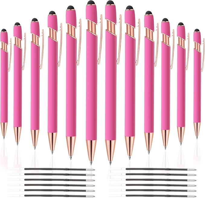 12 PCS 2 in 1 Stylus Ballpoint Pen with Stylus Tip, 1.0 mm Black Ink Metal Pen Stylus Pen for Touch Screens (Rose Gold & Pink)