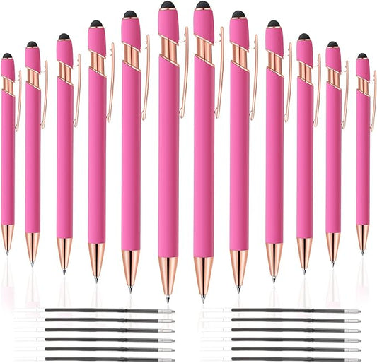 12 PCS 2 in 1 Stylus Ballpoint Pen with Stylus Tip, 1.0 mm Black Ink Metal Pen Stylus Pen for Touch Screens (Rose Gold & Pink)