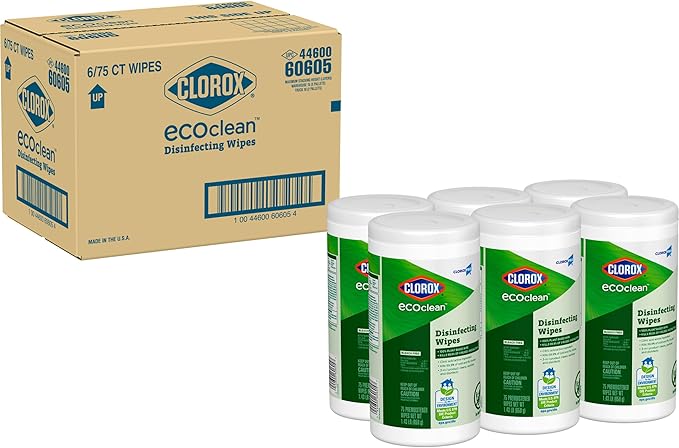 CloroxPro Clorox EcoClean Disinfecting Wipes, Multipurpose 100% Plant Based Cleaning Cloths, Antibacterial Disinfectant, Safe for Multi Surface Use, 75 Count (Pack of 6)