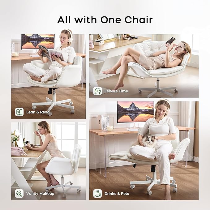 Criss Cross Chair with Armrests & Wheels, PU Leather Vanity Chair, Comfortable Adjustable Swivel Computer Office Desk Chairs for Home, Make Up, Bed Room (White)