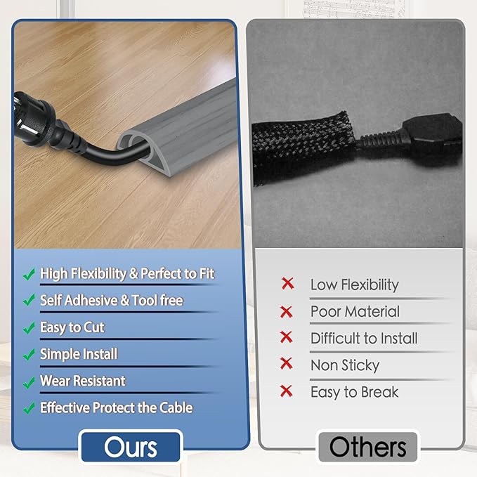 Floor Cord Cover for Wires on Floor Self Adhesive Cord Hider Floor Cable Management Wire Covers for Cords Protector Prevent Cable Trips Cord Cavity W 0.32" x H 0.32", Gray Wood, 20Ft