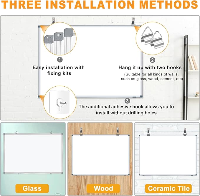 H-Qprobd White Board Dry Erase Whiteboard for Wall, 18"x24" Hanging Wall Mounted Magnetic Whiteboard Aluminium Frame for Home, Office, School, Kitchen
