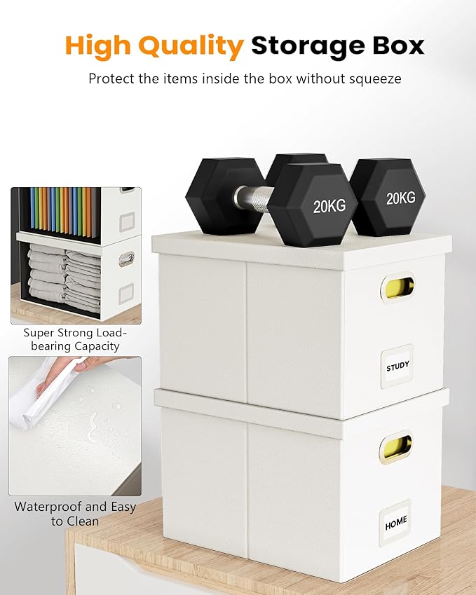 Oterri File Organizer Box with Lid, Portable Hanging File Box for Letter/Legal Files, Office/Decor/Home, 1 Pack, White Leather