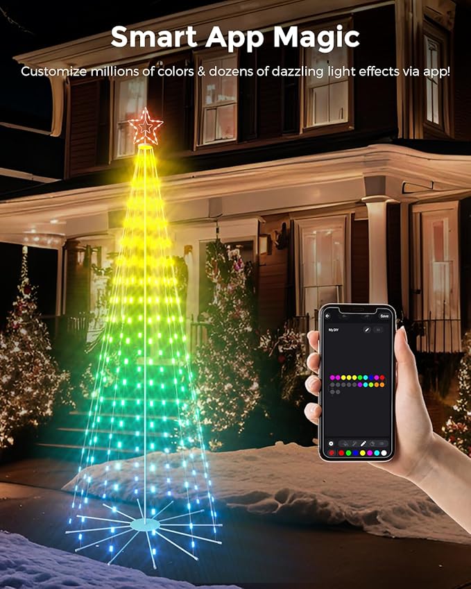 9ft Smart Outdoor Lighted Christmas Tree with Sturdy Iron Base, 16 Mil Color Changing, Music Sync, Timer, Group Control, RGB Led Christmas Decorations for Indoor Outdoor