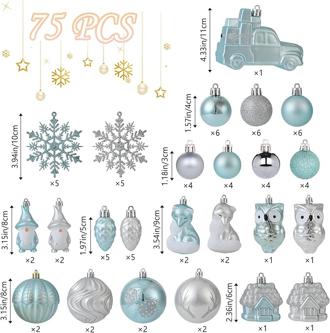 Blue and Silver Christmas Ornaments Set, 75PCS Shatterproof Christmas Decorations, Assorted Xmas Tree Hanging Ornaments for Christmas Tree, Holiday, Party Decor (Blue & Silver)