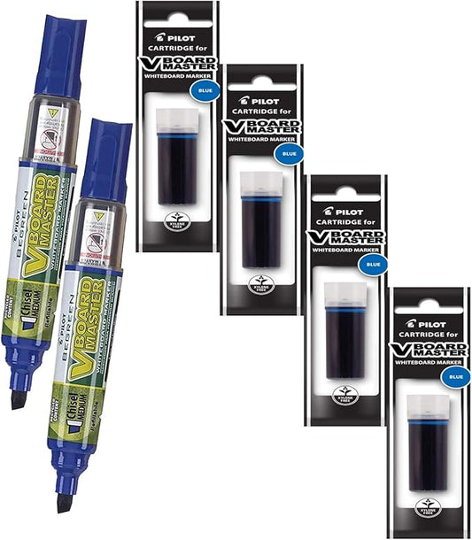 Refillable Dry Erase Markers, Pilot V Board Master, 2 Blue Ink Chisel Tip Markers with 4 Refills, P1a439156p