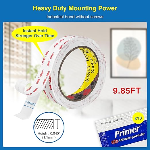 Tapsi Double-Sided Tape Heavy Duty – 1" × 9.85FT Removable Mounting Tape with Adhesion Promoters – Damage-Free Wall Hanging Strips for Pictures, Posters, LED Lights, Car Trim & Painted Concrete