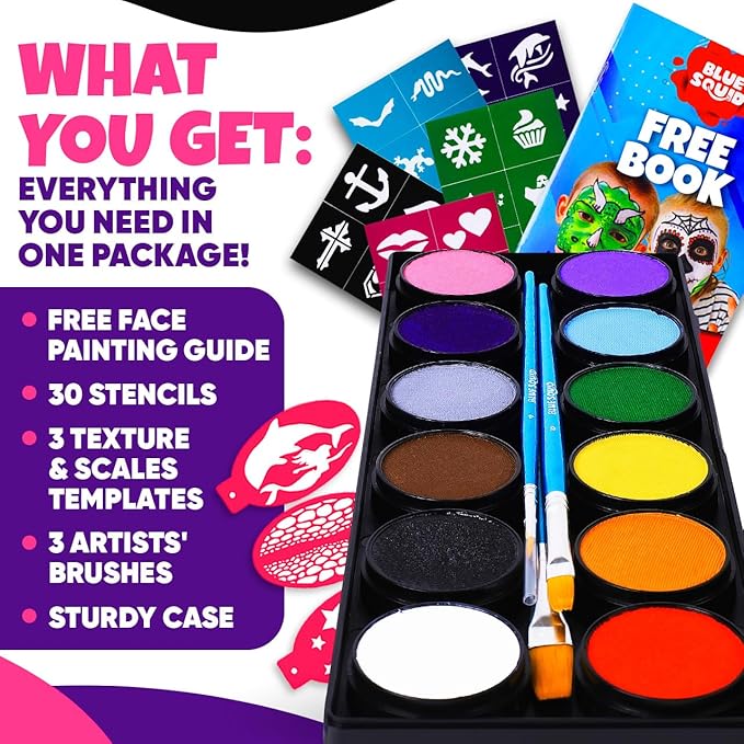 Blue Squid Face Painting Kit for Kids – Complete Face Paint Kit Palette, Stencils, 12 Colors - Safe for Sensitive Skin, Non Toxic Face Painting Kit Professional - Kids Party & Halloween Makeup Kit