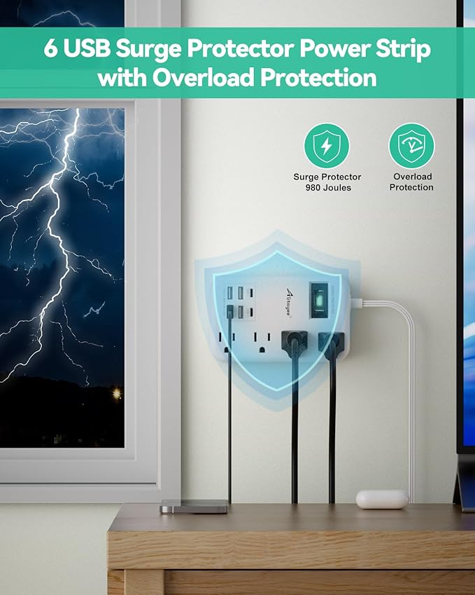 Alitayee 6 USB(2 USB C) Surge Protector Power Strip- Travel Power Strip with 24W USB Charging Station and 4 Extendable Outlet Extender, 6Ft Flat Extension Cord with Wall Mounted for Travel Home Dorm