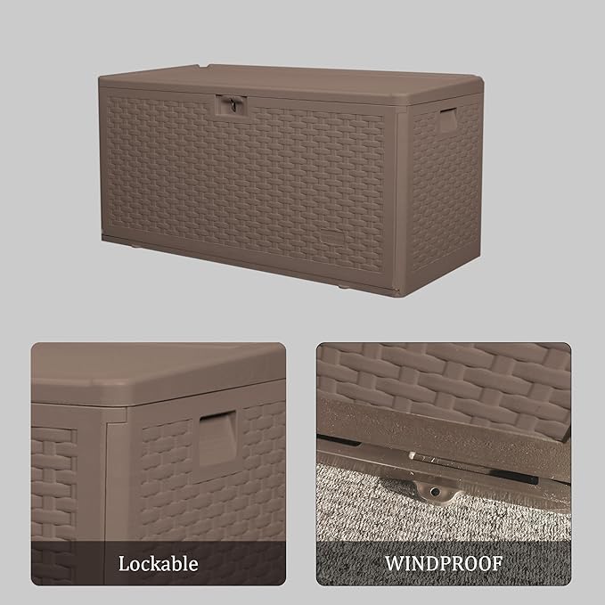 Premium Pro Edition 73 Gallon Lockable Resin Deck Box, Waterproof & UV-Resistant Outdoor Storage Box for Outdoor Cushion Storage, Garden Tools & Pool Accessories Storage, Brown