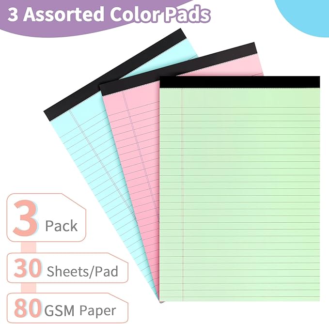 Colored Legal Pads, 3 Pack Writing Pads 8.5 x 11 inch, Micro Perforated Notebooks with Sturdy Back, Wide Ruled, 30 Sheets Per Writing Pad for School, College, Office, Professional (Blue/ Pink/Green)