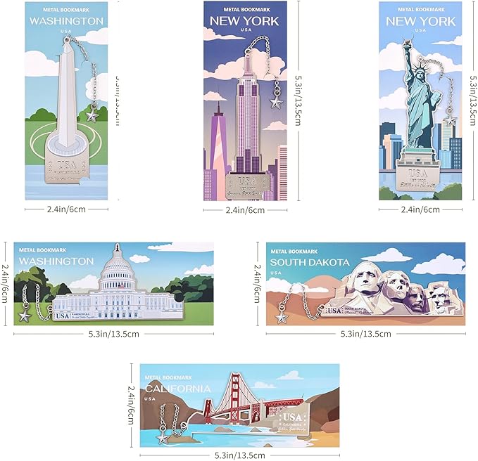 6 Pcs Silver Metal Bookmarks, Elegant Statue of Liberty America Famous Landmark Building Theme Bookmark for Women, USA Commemorate Bookmark Gift for Book Lovers Writers Readers Girls Teenage Children