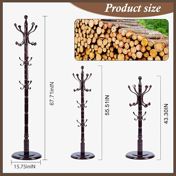 Wooden Coat Rack Freestanding, Vintage Coat Racks with Sturdy Round Base, Adjustable Height 37.40"-72.83" Entrance Coat Rack for Bedroom Living Room Entryway (Rosewood Ruyi Hook)