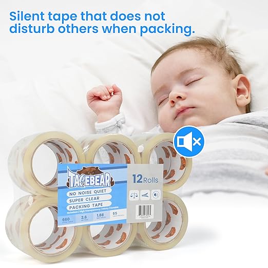 TAPEBEAR No Noise Packing Tape, Upgraded High Transparency 2.6mil x 1.88" x 55 Yards Quiet Packaging Tape Refill Rolls, Heavy Duty Shipping Tape for Sealing, Storage, Moving, 12 Rolls, Total 660Yards