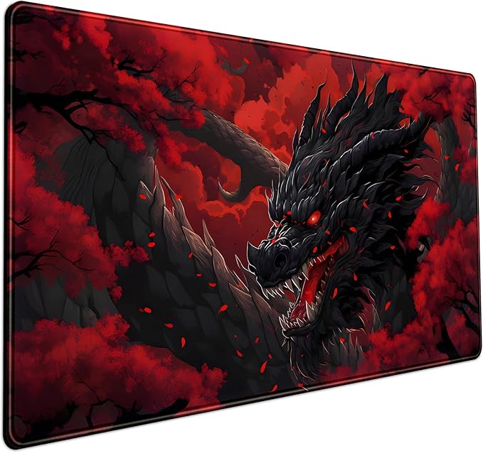 Huge Dragon Large Mouse Pad - Red and Black Mousepad, Big Full Keyboard and Mouse Pad with Stitched Edges, Anti-Slip, Funny Desk Pad, 31.5 X 15.8 in.