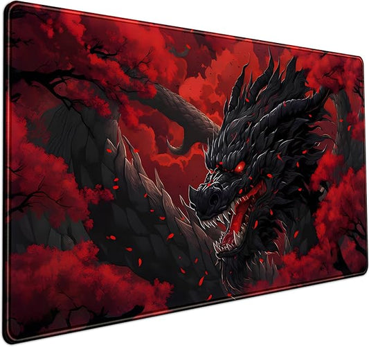 Huge Dragon Large Mouse Pad - Red and Black Mousepad, Big Full Keyboard and Mouse Pad with Stitched Edges, Anti-Slip, Funny Desk Pad, 31.5 X 15.8 in.