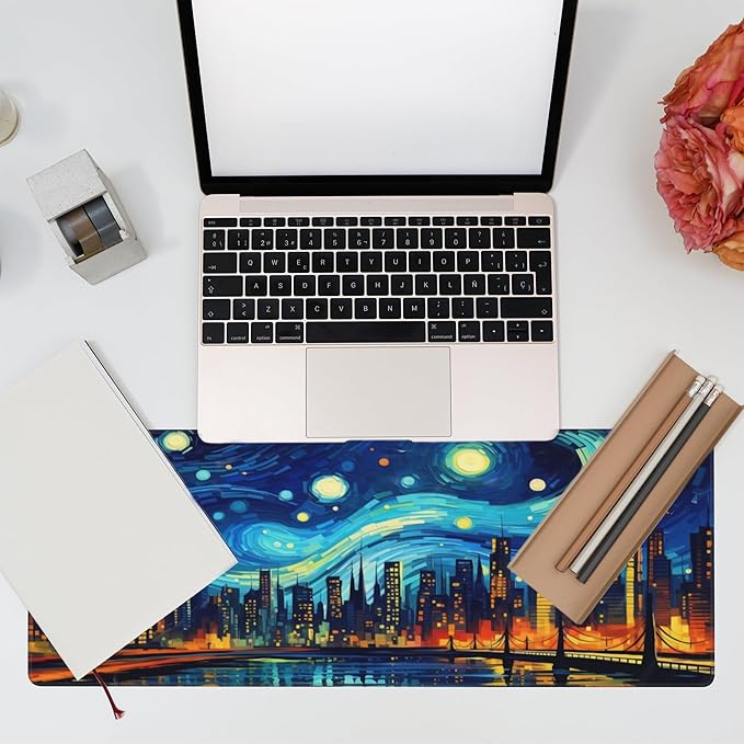 Desk Pad,City Starry Night Desk Mat,Abstract Oil Painting Large Gaming Mouse Pad for Desk,Extended Big Computer Keyboard Mouse Pad with Non-Slip Base and Stitched Edge,31.5"x11.8"