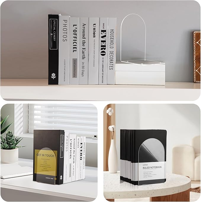 Adwikoso Book Ends for Shelves Clear Acrylic Bookends for Heavy Books Organizer Book Stopper to Hold Books for Home Office School and Desktop Decoration(Circular Arc) (16)