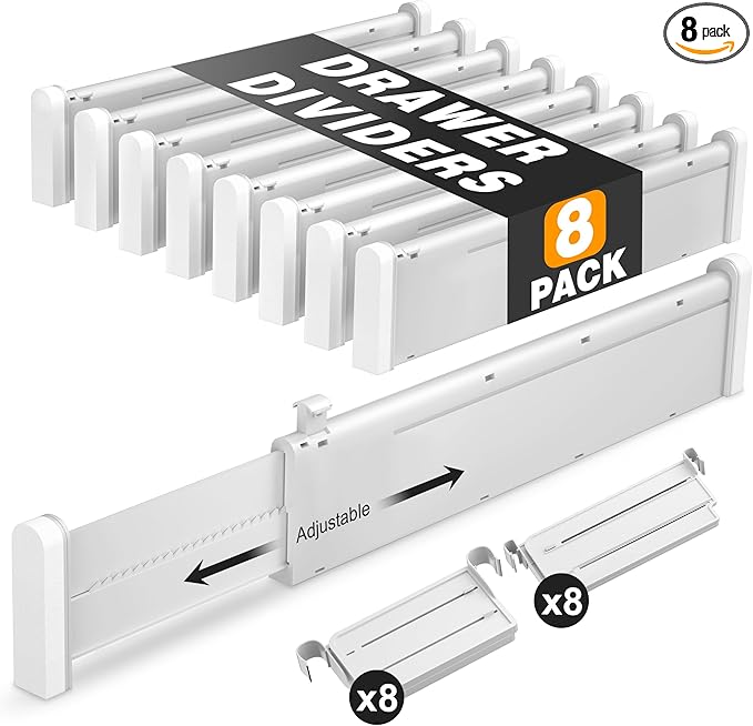 HiYZ Expandable Drawer Dividers with Inserts - Adjustable Drawer Organizers Separators for Kitchen, Bedroom, Dresser, Office, 8 Long Dividers(12.6-22.8 IN) with 16 Inserts(3.9-7.1 IN) - Gray