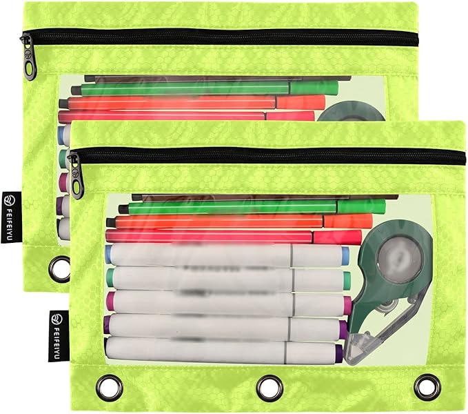 Gredecor Binder Pencil Pouch 3 Ring Lime Geen Zipper Pencil Pouches Case 2 Pack Clear Binder Organizer for School Office