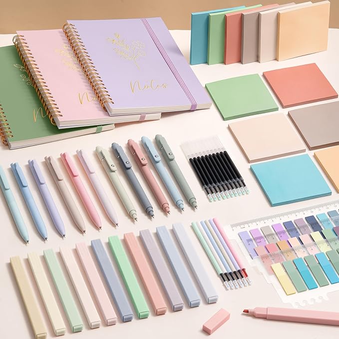 58PCS Aesthetic School Supplies, Cute College Ruled A5 Spiral Notebook Stationary Set Back to School Supplies Bible Study Kit Office College Essentials with Pastel Highlighters for Women Student Girls