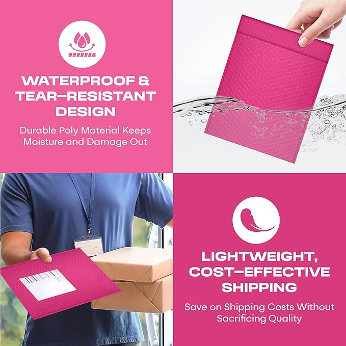 Hot Pink Poly Bubble Mailers 8.5x12 inch #2 | Self Seal Padded Envelopes | Cushioned Bubble Mailer | Usable Size 8.5x11 | WaterProof | Lightweight mailing Shipping Bags | 200 Pack Bulk