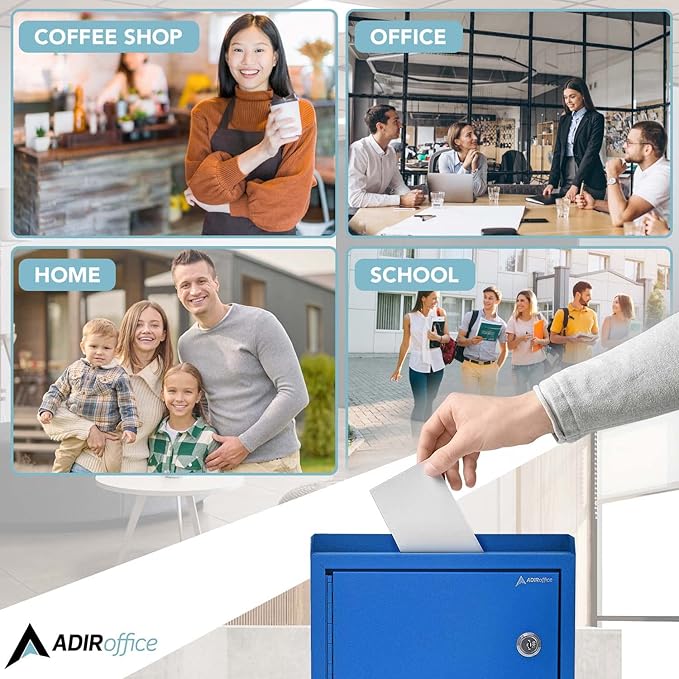 Adir Corp Suggestion Box with Slot and Lock - Drop Box with Lock, Cash Dropbox - 9.8x7.5x3.4 Inches Wall Mount Donation Box - Metal Deposit Box (Blue)