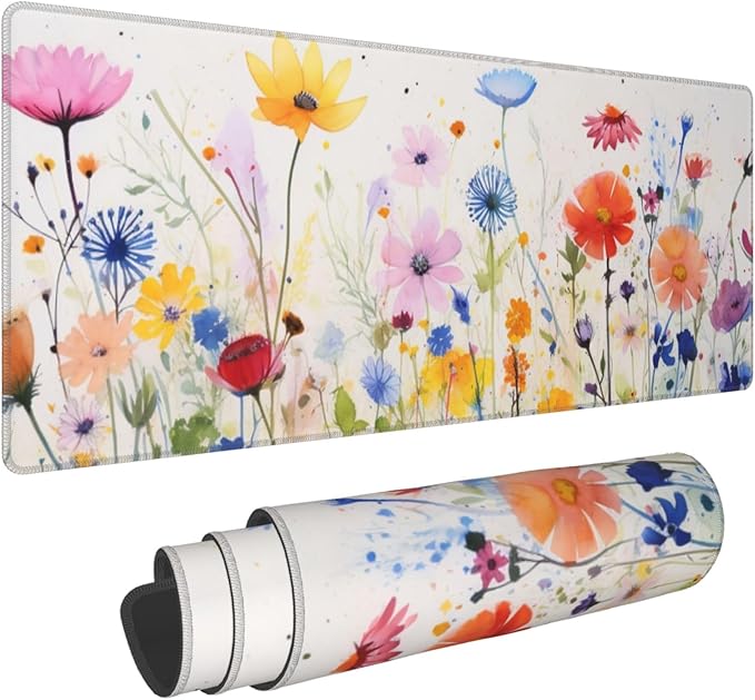 Cute Wildflowers Pattern Mouse Pad 31.5 x 12 Inch, Non-Slip Rubber Base, Ergonomic Design for Pain Relief, Perfect for Computer Users