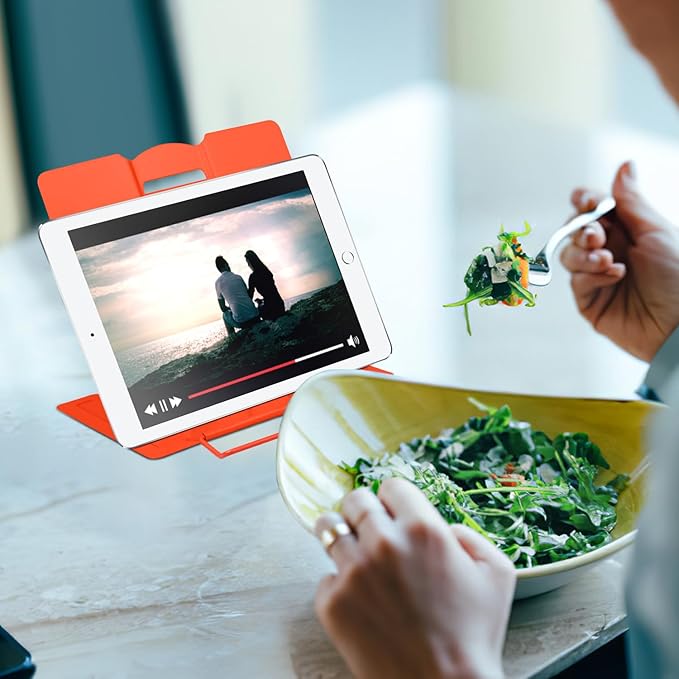 MSDADA Desk Book Stand Metal Reading Rest Book Holder Adjustable Cookbook Documents Holder Portable Sturdy Bookstands for Recipes Textbooks Tablet Music Books (Orange)