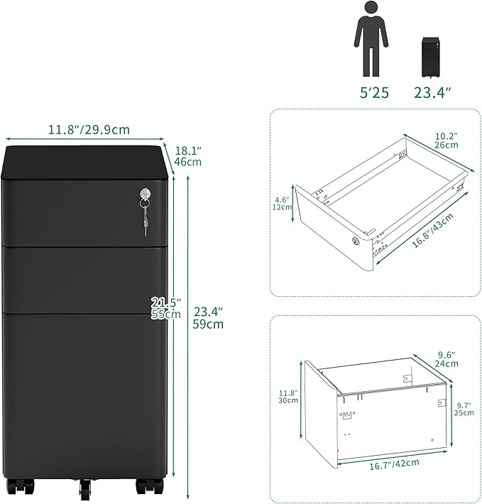 YITAHOME 3-Drawer File Cabinet, Lockable Mobile Filing Cabinet for A4/Letter/Legal Size Folder, Vertical File Cabinet for Home Office, Installed Except Casters, Black