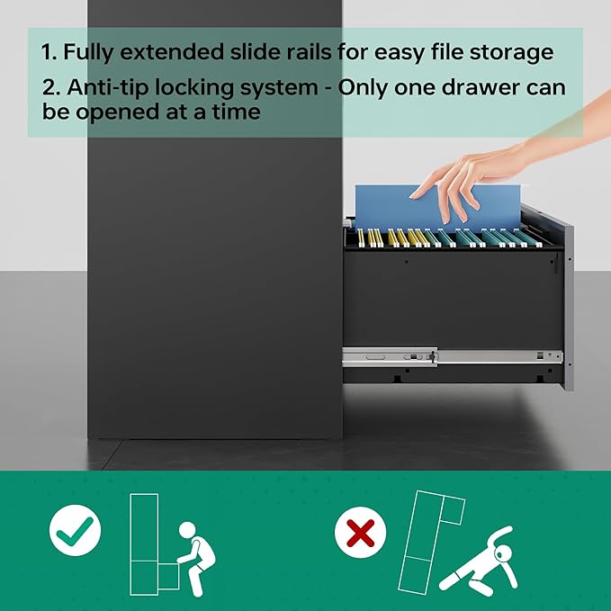 Letaya File Cabinet with Lock-Lateral 3 Drawer Metal Filing Cabinets-Organization Storage for Home Office-Hanging Letter/Legal/F4/A4 Size (Grey Black)