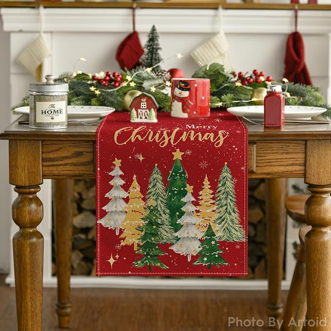 Artoid Mode Xmas Trees Merry Christmas Table Runner, Seasonal Winter Red Kitchen Dining Table Decoration for Home Party Decor 13x60 Inch