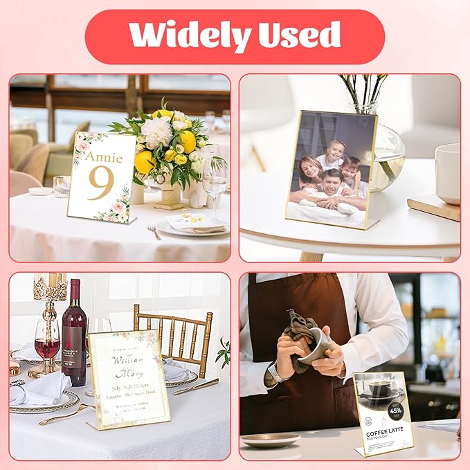 12 Pack Acrylic Sign Holder 8.5 x 11 Gold Vertical Plastic Sign Holder 8.5 x 11 Standing Clear Flyer Display Holder Menu Picture Paper Display Stand for Hotel, Office, Restaurant