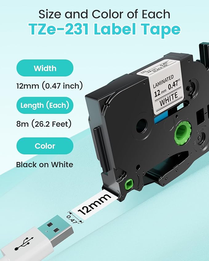 Airmall 12mm .47 Laminated White Tz Tape Compatible with Brother Label Maker Tape Refill TZe-231 TZe231 Replace for Brother P Touch D210 D200 D400 1280 1290 1880, Black on White 1/2 Inch, 5-Pack