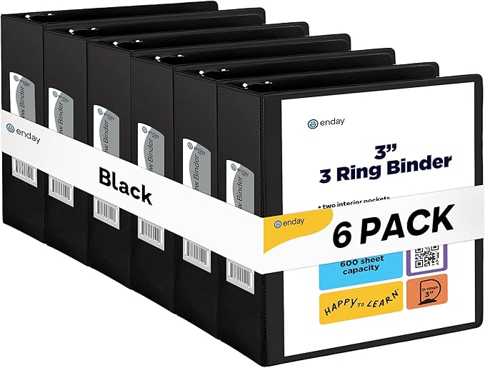 3 Inch Binder 3 Ring Binders Black, Slant D-Ring 3” Clear View Cover with 2 Inside Pockets, Heavy Duty Colored School Supplies Office and Home Binders, 6 Pack – by Enday