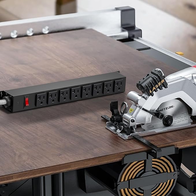 HEZI 20 Amp Power Strip Surge Protector 1200J, Metal 8 Outlets Heavy Duty 20amp, 15Ft 12 Gauge Extension Cord for Appliance Workbench Garage Industrial, Combine with T-Plug Adapter,5-20R T-Slot