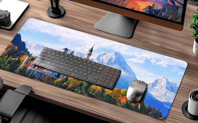 Germany Mouse Pad, Neuschwanstein Castle Extended Mousepad, Waterproof Desk Mat, Anti-Slip Rubber Base, Keyboard Mat with Seamed Edges, Mouse Pads for Office, Home, 31.5 X 11.8 Inch