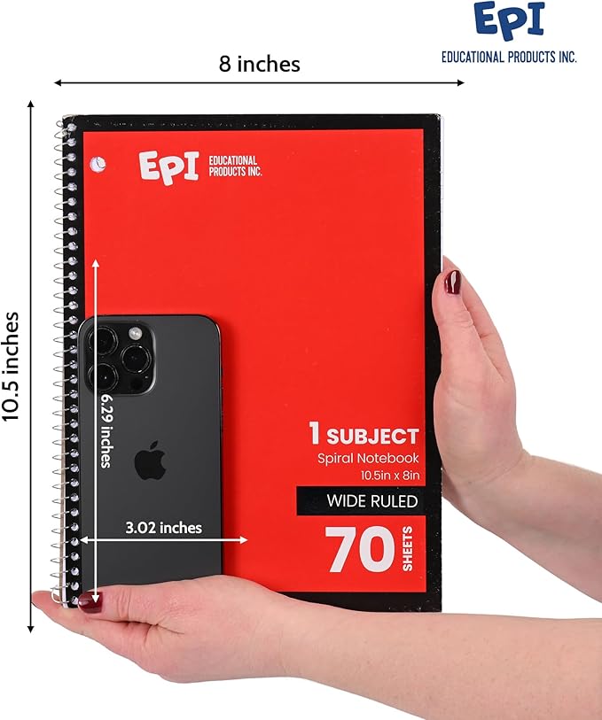 EPI Spiral Notebook | Wide - 70 Sheets, Durable Spiral Binding | 10.5 x 8 in | Classroom Supplies | School, Office, Note Taking, Journaling - 6 Pack