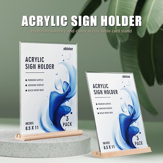 Acrylic Sign Holder 8.5 x 11 with Combined L and T-Shaped Wood Base,High Transparency Table Card Stand for Advertisements, Menu, Picture,Honor Certificates or other Flyers(3 packs)
