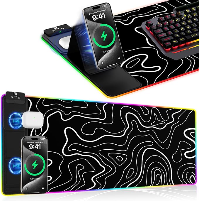 XXL Mouse Pad with Phone Holder, RGB Desk Mat with 15W Fast Charging, LED Large Gaming Mouse Pad with 11 Lights Colors, Long Mouse Pads for Desk, Waterproof Non-Slip Gaming Pad for Gamer Esports Pros